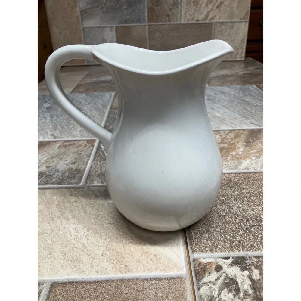 White Ceramic Pitcher Scalloped Rim Farmhouse Style Flower Vase 7 Inch